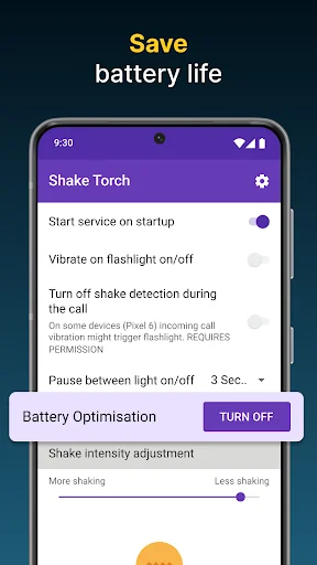 Save battery life with Battery Optimisation toggle and shake intensity controls in flashlight app