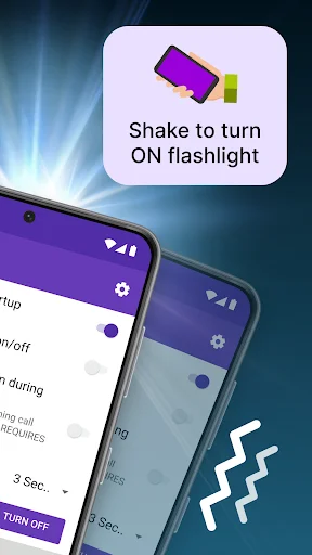 Shake to turn on flashlight feature demonstration with phone icon and shake motion indicator