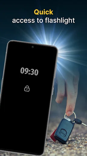 Quick flashlight access on locked phone screen at 9:30 with person holding keys in dark