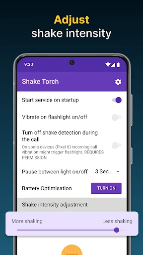 Adjust shake intensity slider from more shaking to less shaking in Shake Torch app settings