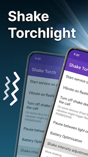 Shake Torchlight app interface showing settings menu with shake gesture icon and flashlight control options