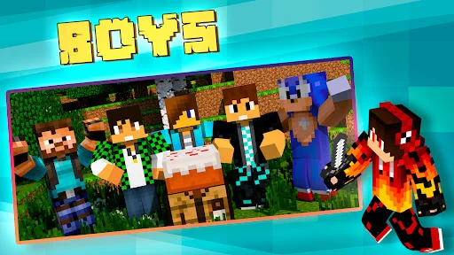 Boys skins for Minecraft PE app featuring group of male characters with tools and accessories in blocky style