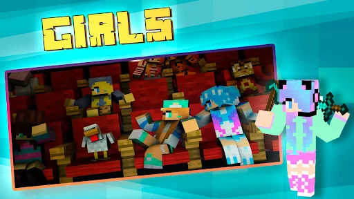 Girls character skins collection for Minecraft PE showing feminine avatars seated in movie theater layout