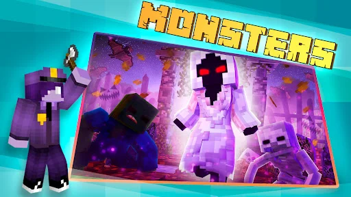 Monster-themed skins for Minecraft PE including purple creatures and skeleton characters in eerie setting