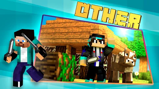 Miscellaneous Minecraft PE skins category with diverse character options near rustic wooden structure