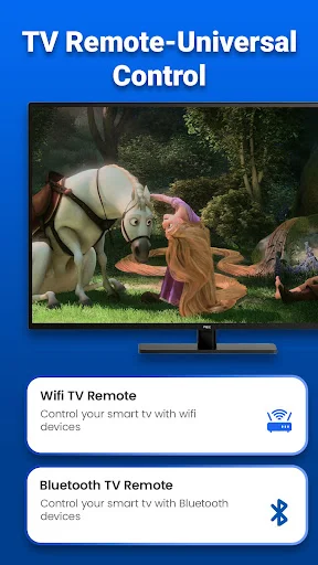 Smart TV remote welcome screen offering WiFi and Bluetooth connection options for universal TV control from mobile phone