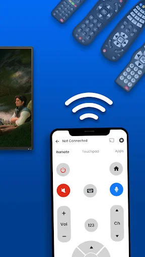 TV remote control app interface displaying connection status with power, volume, channel, and navigation button controls