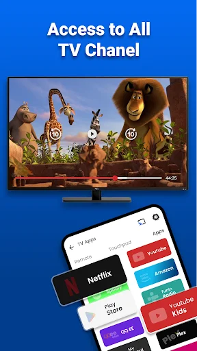 Smart TV app showing access to all TV channels with streaming service logos including Netflix, Prime Video, and YouTube Kids