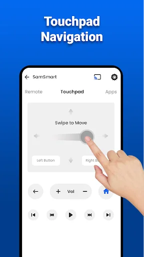 Smart TV remote touchpad feature with swipe gesture navigation and media playback buttons for hands-free TV remote control