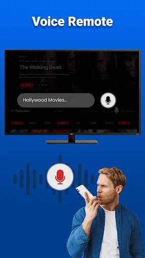 Voice remote control feature showing man speaking commands into phone to search and control content on smart television