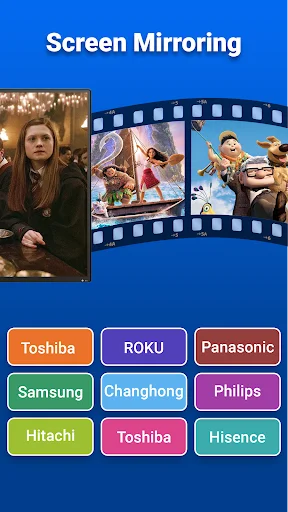 Screen mirroring compatibility display showing supported TV brands like Samsung, LG, Philips, Toshiba, ROKU, and Panasonic