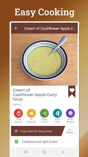 Cream of Cauliflower-Apple Curry Soup recipe detail page with ingredients, servings, calories, and cooking options