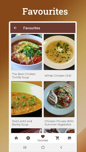 Favourites collection showing Chicken Tortilla Soup, White Chicken Chili, Red Lentil Barley Soup recipe thumbnails