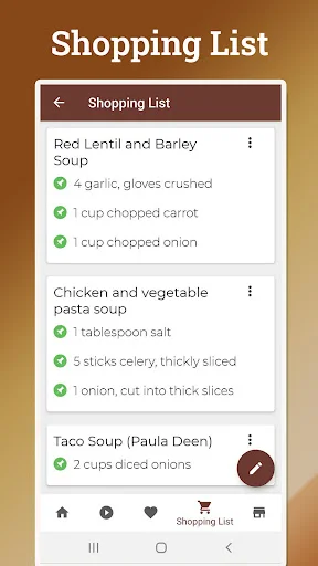 Shopping List feature with ingredients for Red Lentil Barley Soup, Chicken Vegetable Pasta, and Taco Soup recipes
