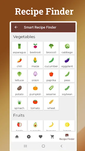 Smart Recipe Finder screen with vegetable and fruit ingredient selector icons for personalized soup recipe search