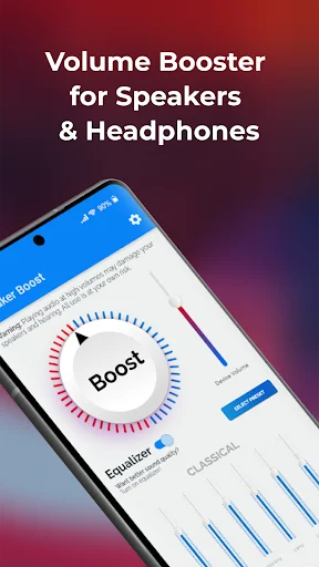 Sound Booster app main interface showing volume boost dial for speakers and headphones with equalizer controls