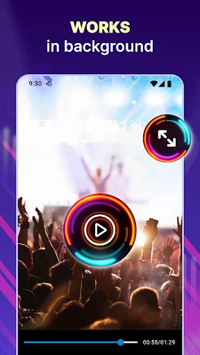Video player with volume boost working in background during concert playback for louder audio experience