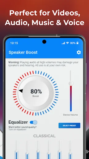 Speaker Boost screen displaying 80% volume boost level with equalizer for videos, audio, music and voice enhancement