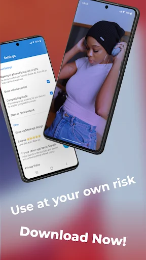 Sound Booster app download screen with settings and video playback example showing volume enhancement features
