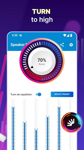 Turn volume to high with 70% boost level showing circular dial and equalizer adjustment sliders