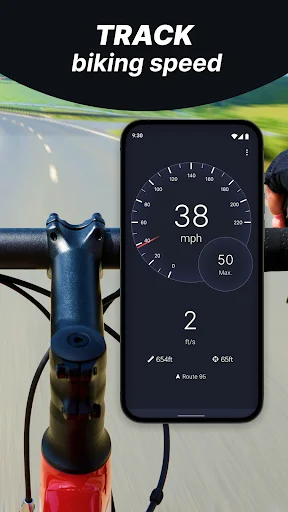 Speed tracking app on bicycle handlebar showing 38 mph biking speed with distance and route metrics