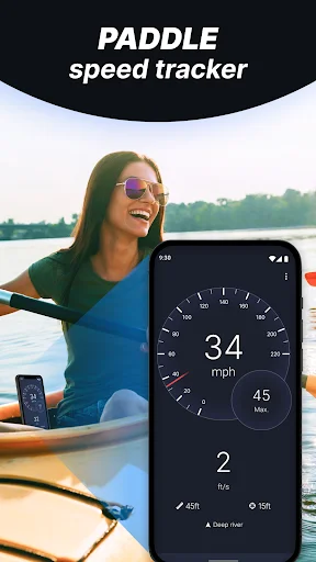 GPS speedometer tracking paddle speed at 34 mph during kayaking on water with distance data