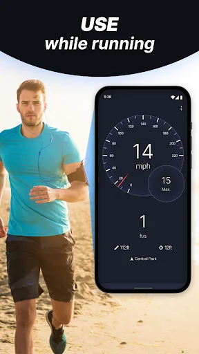 Running speed tracker displaying 14 mph pace with GPS distance and route tracking for joggers