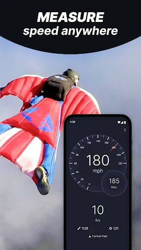 Speed measurement app showing 180 mph during skydiving extreme sports activity with GPS tracking