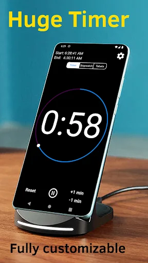 Huge Timer app showing countdown timer at 0:58 with circular progress indicator and customizable full screen display