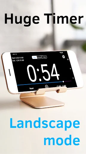 Huge Timer app in landscape mode displaying 0:54 countdown with full screen visibility on phone stand