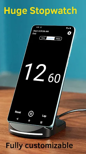 Huge Stopwatch app showing 12.60 elapsed time with pause and lap buttons, customizable full screen timer display