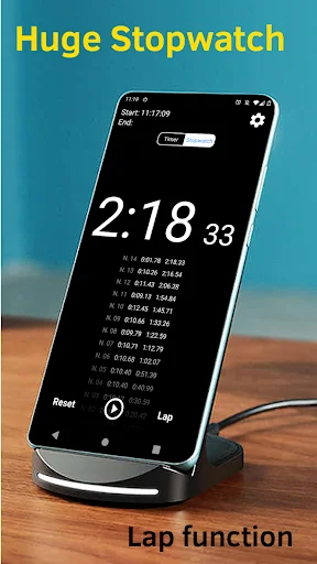 Huge Stopwatch with lap function showing 2:18 elapsed time and detailed list of recorded lap times below