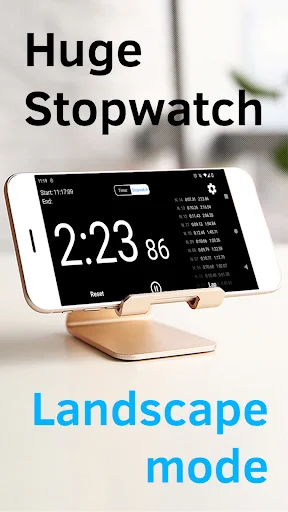 Huge Stopwatch in landscape mode displaying 2:23.86 with lap times, optimized for horizontal viewing