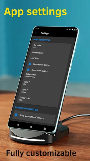 Huge Timer app settings screen showing customization options including colors, alarms, and display preferences