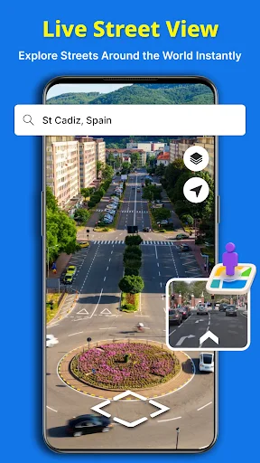 Live Street View of St. Cadiz Spain displaying overhead cityscape with map controls and street navigation