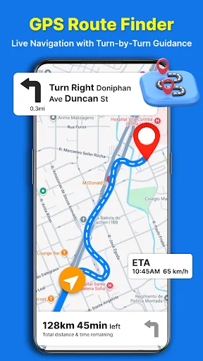 GPS Route Finder with turn-by-turn navigation to Doniphan Ave showing route, ETA and distance remaining