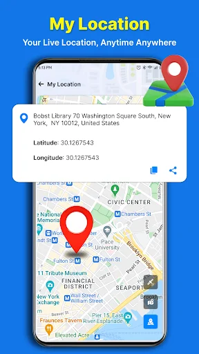 My Location showing current GPS coordinates and address in New York with location pin on interactive map