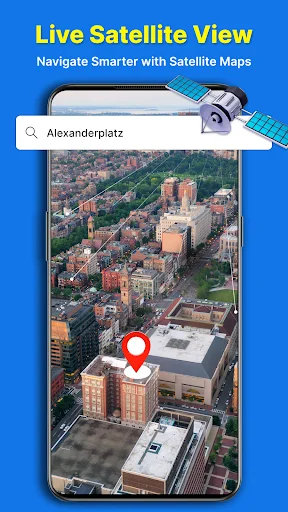 Live Satellite View showing aerial satellite imagery of Alexanderplatz with location pin and search functionality