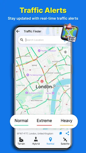 Traffic Alerts displaying real-time traffic conditions in London with severity filters and map view options