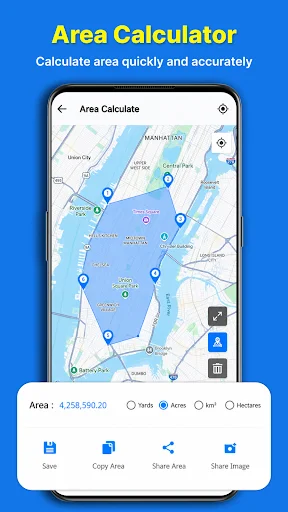 Area Calculator tool measuring map regions with area calculations displayed in units and sharing options
