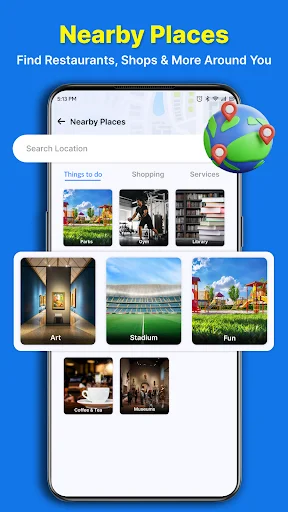 Nearby Places showing restaurants, shops and attractions around current location with category filters