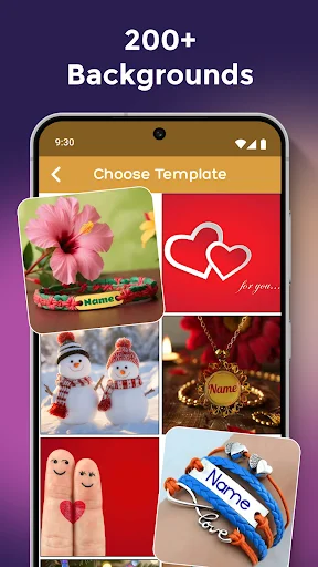 Stylish Name Art Maker template gallery showing 200+ backgrounds including romantic hearts, flowers, and seasonal themes