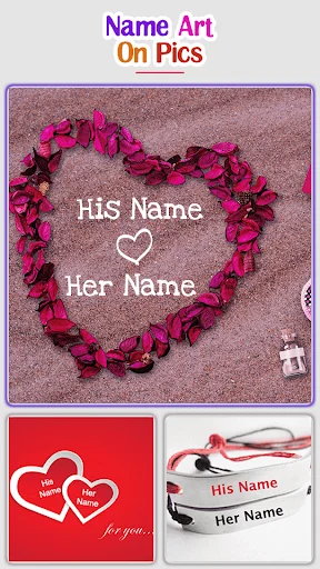 Rose petal heart design with 'His Name' and 'Her Name' text on romantic beach sand background