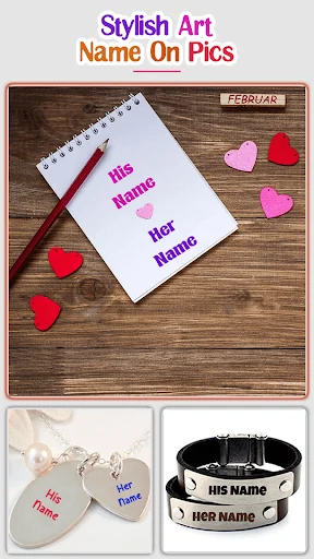 Notebook and jewelry templates showing 'His Name' and 'Her Name' with decorative hearts for Valentine's