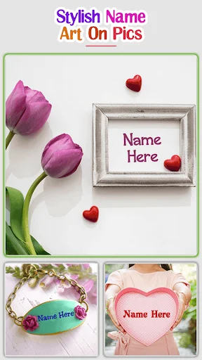 Photo frame with tulips and 'Name Here' placeholder - floral name art template with heart accents