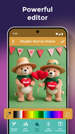 Name art editor interface with teddy bear design, color palette tool, and text styling options for customization