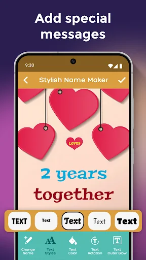 Add text messages feature showing hanging hearts design with '2 years together' text and multiple font style options