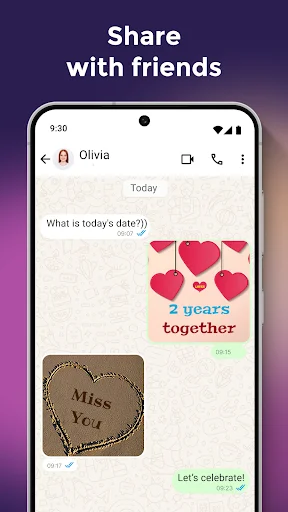 Share decorated name art via messaging apps - example showing romantic heart designs sent in chat conversation
