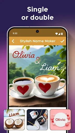 Single or double name option displaying 'Olivia & Liam' on coffee cups with heart-shaped latte art designs