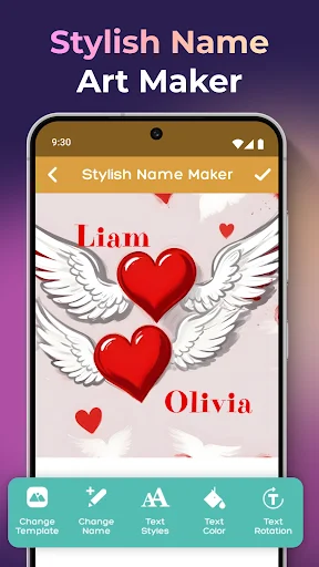 Stylish Name Art Maker editor showing winged hearts design with customizable names and bottom toolbar menu